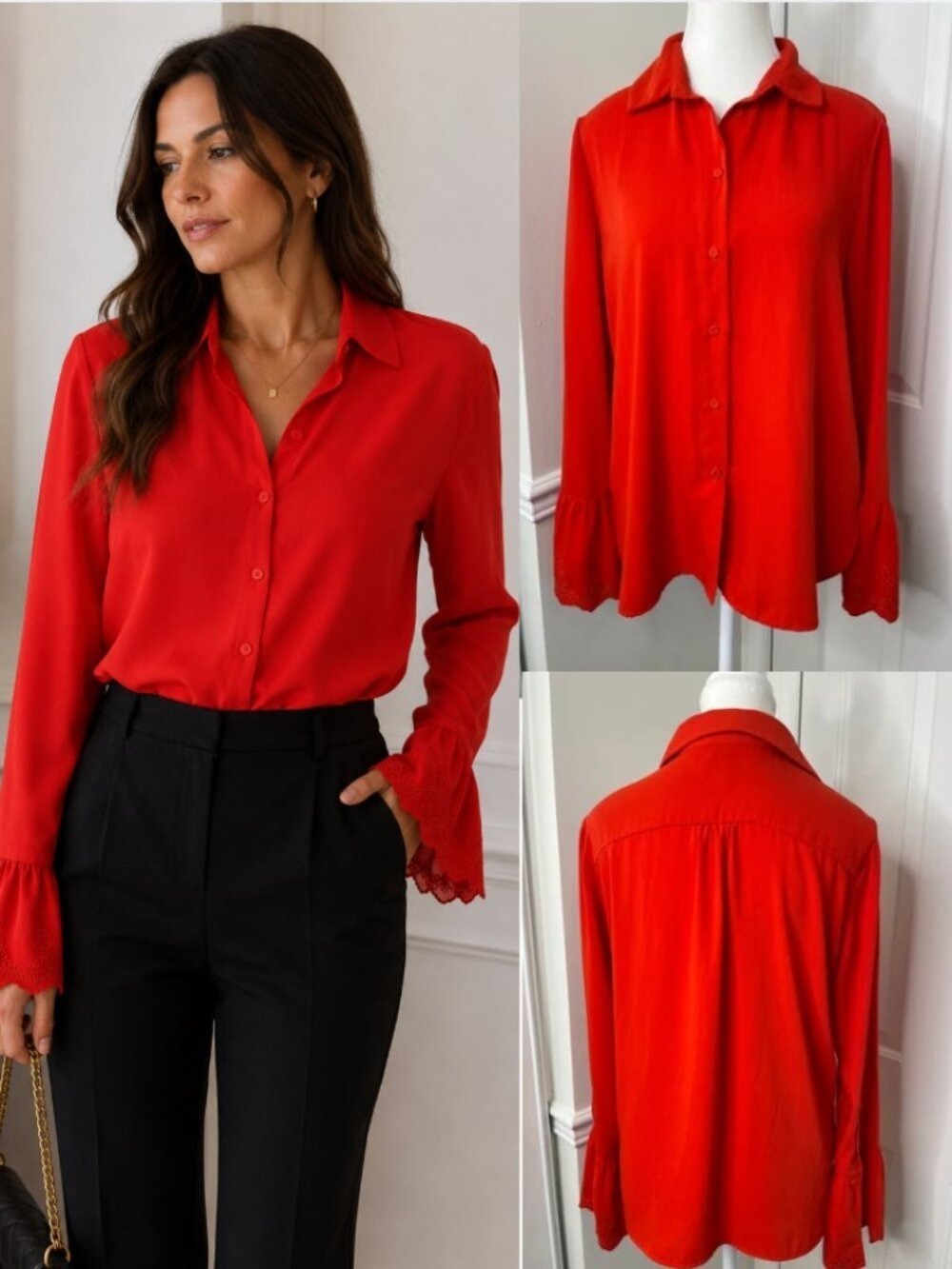 Tristan Tomato Red Blouse with Embroidered Bell Sleeves M